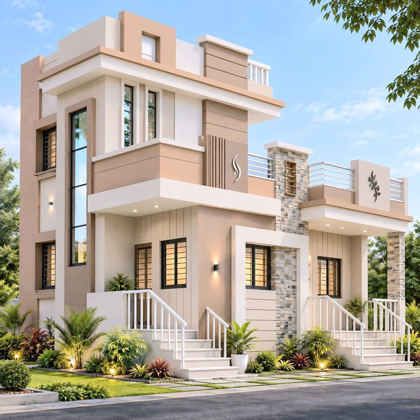 Contemporary home in soft earth tones with stone-clad columns and white railings